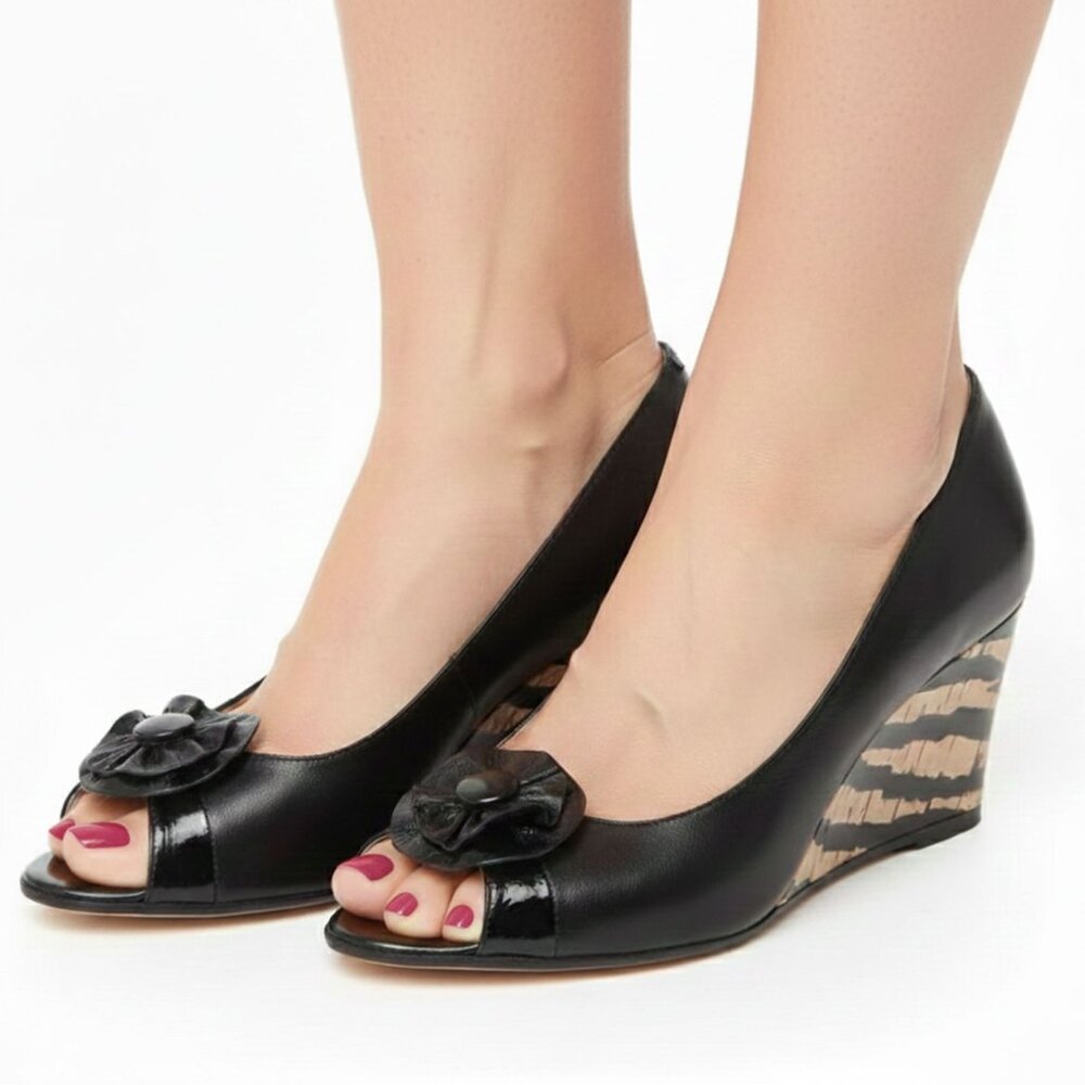 Roberto Capucci Italian Leather Open Toe Wedge Pump Stripe Cork Heels Patent